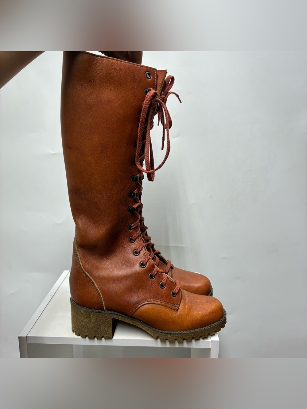 Vintage 60s Gaymode JCPenney 6.5 6 1/2 Leather Lace Up Knee High Gogo Boots Heel